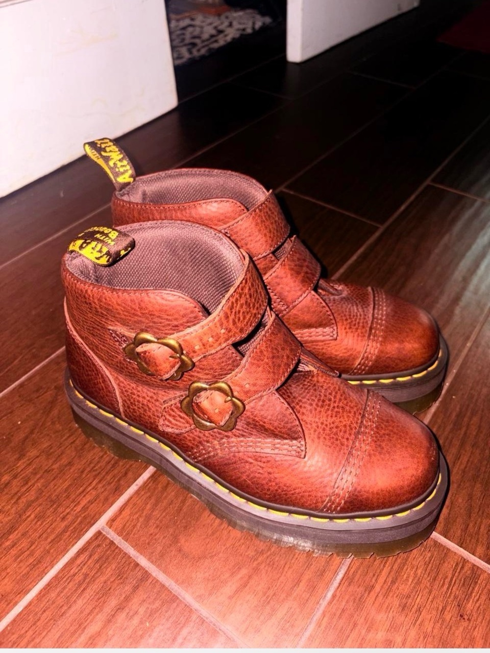 Dr. Martens women’s  Brown Leather Ankle Boots with Floral Buckle Straps